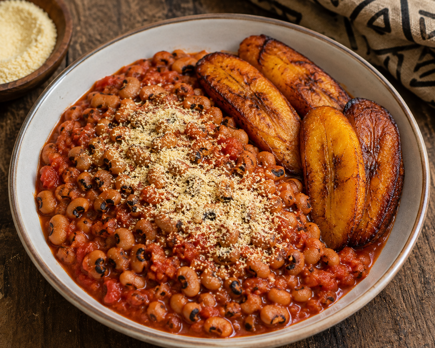 Ghanaian Red Red with Gari & Fried Plantain
